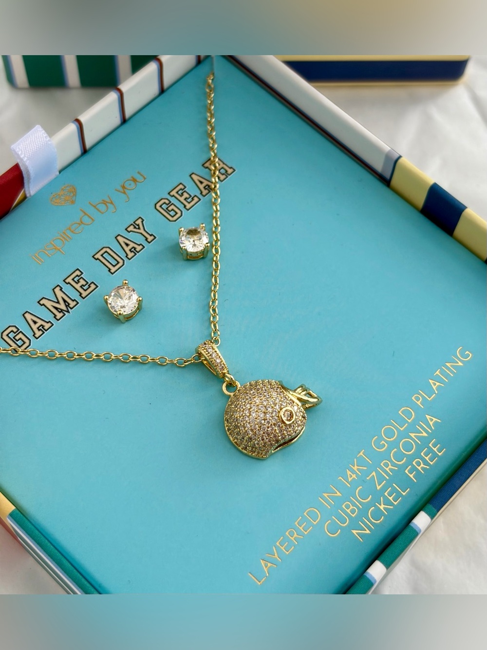NIB FOOTBALL THEMED Gold Colored Game Day Football Pendant Necklace/Earring Set